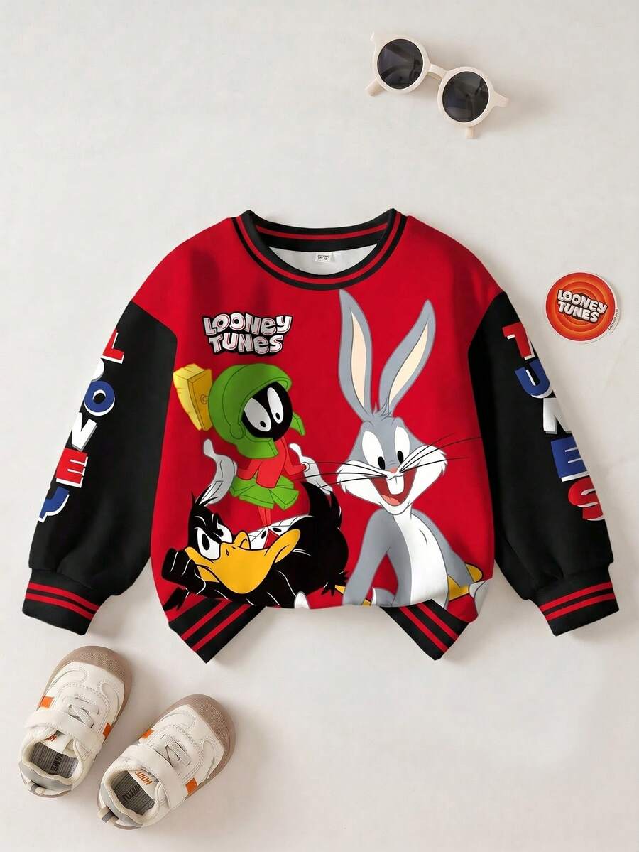 LOONEY TUNES X SHEIN 男童休闲运动风趣味卡通字母图案撞色条纹宽松套头卫衣 - 白色 - 查看 1