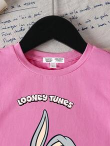 LOONEY TUNES X SHEIN Young Girl Summer Casual Cute Rabbit Print Round Neck Short Sleeve T-Shirt - Pink - View 3