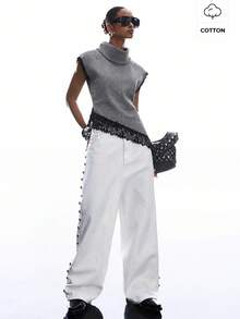 LYSMO Women's Summer Fashion Lace Patchwork Plaid Asymmetric Hem Camisole - Black - View 4