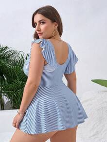 Swim Lushoire Plus Size Women's V-Neck Striped Swim Dress, Suitable For Summer Vacation And Beach - Multicolor - View 2
