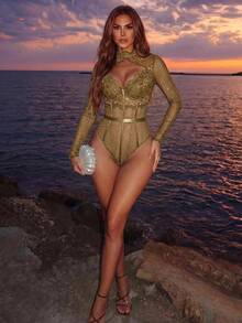 Allurite Women's Lace Patchwork Hollow Out Bodysuit - Camel - View 3