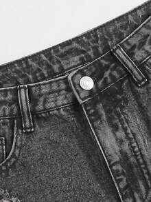 SHEIN EZwear 女款時尚毛邊破洞口袋鈕扣牛仔短褲，深灰色，適合城市度假、夜晚、夏季街頭風、休閒日常外出 - 灰色 - 查看 5