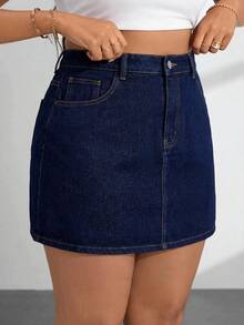 SHEIN PETITE CURVE 大尺碼女款高腰深色水洗牛仔迷你裙，後腰鬆緊 A 字牛仔裙，適合夏季街頭穿搭與日常 - 深色水洗藍 - 查看 5