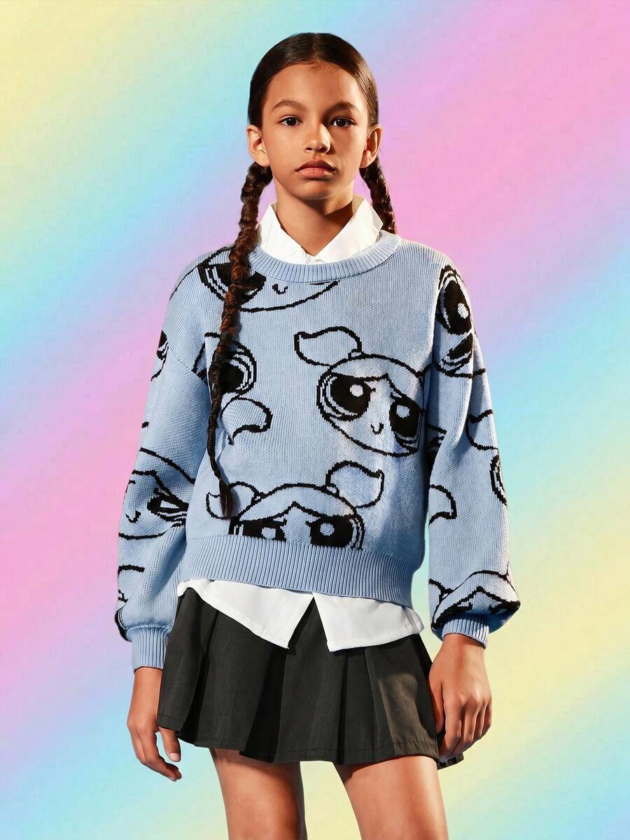 THE POWERPUFF GIRLS X SHEIN Lässiger, vielseitiger Pullover mit Blasenmuster für Tween-Mädchen - Verschiedenfarbig - Übersicht 1