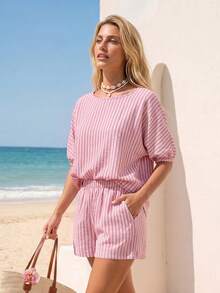 Sylviya Casual Tropical Women's Vacation Summer Pink And White Striped 3/4 Sleeve Commute Beach Holiday Outing Shorts 2 Pieces Outfits Fall Clothes - Multicolor - View 4