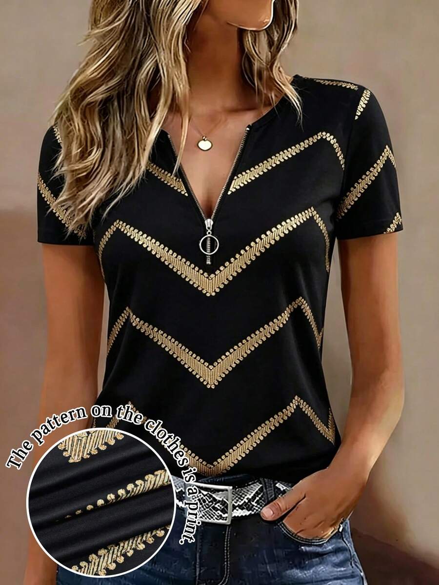 EMERY ROSE Ombre Wavy Striped Print V-Neck Casual Short Sleeve T-Shirt, Spring/Summer - Multicolor - View 1
