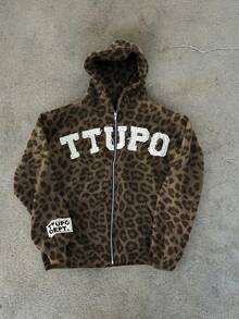 INAWLY Y2K Vintage Leopard Print Zip-Up Sweatshirt,Brown Checked,Autumn,Streetwear,Everyday,Back-To-School Retro Pullover Jacket,American Gothic Rock,Casual - Multicolor - View 2