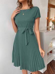 EMERY ROSE Pleated Hem Self Belted Dress - Dark Green - View 6