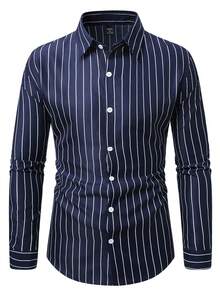 Manfinity Mode Camisa de manga larga a rayas amigable con la piel para hombres - Azul Marino - Ver 5
