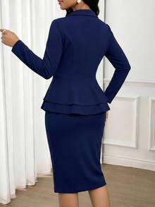 SHEIN Lady Women's Solid Color Lapel Neck Long Sleeve Single Button Jacket And Skirt Elegant Two Pieces Set - Navy Blue - View 2