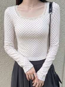 Dazy Tall 女款高個長袖圓點蕾絲拼接休閒T恤，適合高個女孩 - 黑與白 - 查看 2