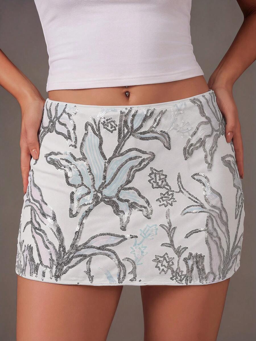 TRNVIE Women's Sequin Floral Print Casual Versatile Daily Outing Mini Skirt - White - View 1