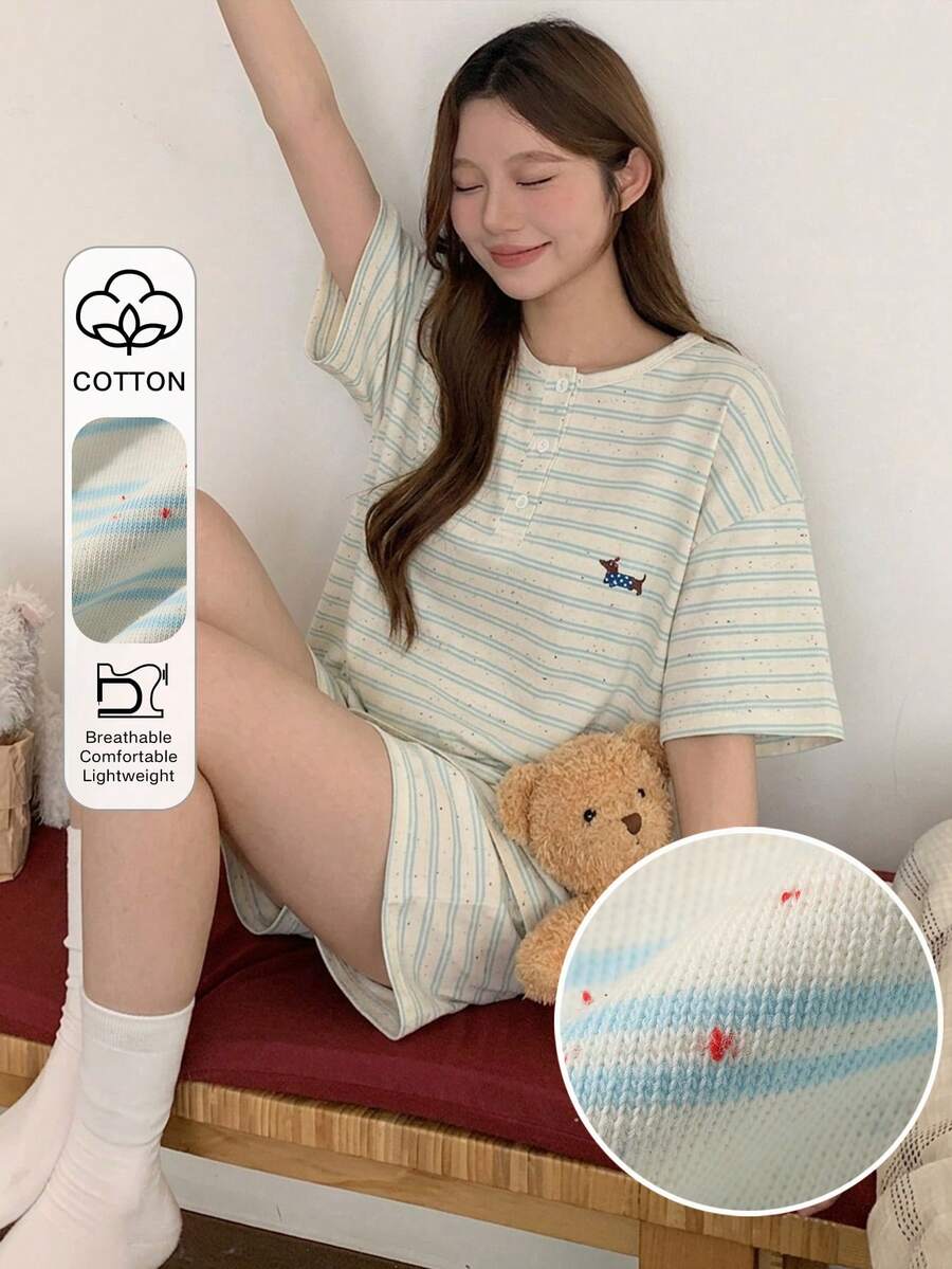 DAZY 女士夏季可爱卡通条纹印花半扣宽松露肩上衣和短裤睡衣套装 - 綠色 - 查看 1