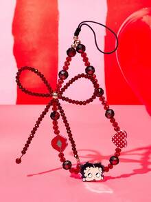 Betty Boop x SHEIN 時尚鋅合金紅白色手工串珠手機鍊 女款甜美手機掛繩 手機吊飾 愛心 親吻 送禮創意 派對 節日 情人節 - 彩色 - 查看 2
