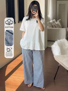 DAZY 2件組女款居家服套裝，純色荷葉邊飾T恤上衣與格紋睡褲，夏季款 - 白色 - 查看 1