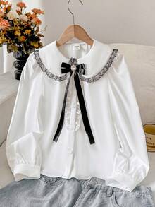 SHEIN 青少年女孩彼得潘領撞色蝴蝶結襯衫 秋冬穿搭 - 彩色 - 查看 9
