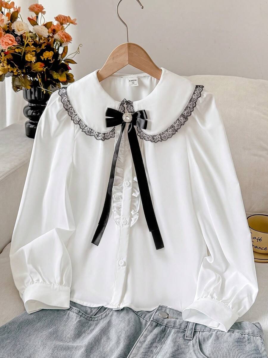 SHEIN 少女彼得潘領撞色蝴蝶結襯衫 秋冬款