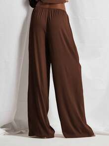 MUSERA Tie Waist Flowy Wide Leg Satin Trouser Coord Trouser Only Cute Holiday Sexy Night Out Vacation Spring Summer Elegant Soleil Drape - Chocolate Brown - View 4