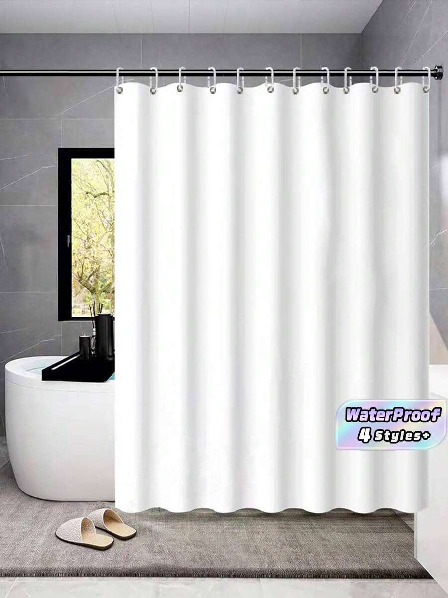 1 pieza Cortina de ducha blanca impermeable & resistente al moho de diseño simple - Blanco - Ver 1