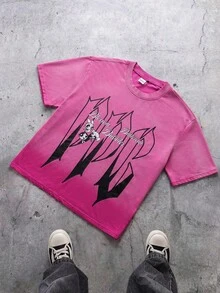 THE POWERPUFF GIRLS X SHEIN Men's Casual Letter Print Ombre T-Shirt, Summer - Pink - View 7