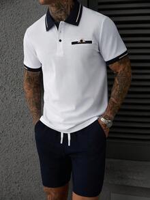 Manfinity CasualCool 男士拼色短袖 Polo 衫與短褲休閒套裝，海軍藍夏季度假風 - 白色 - 查看 6