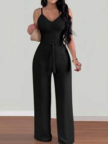 EMERY ROSE Plus Size Women Solid Color Casual Everyday Outing Camisole Jumpsuit - Black - View 3