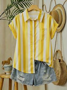 EMERY ROSE Women's Striped Patchwork Color Block Single-Breasted Casual Versatile Daily Outing Shirt - Yellow - View 3