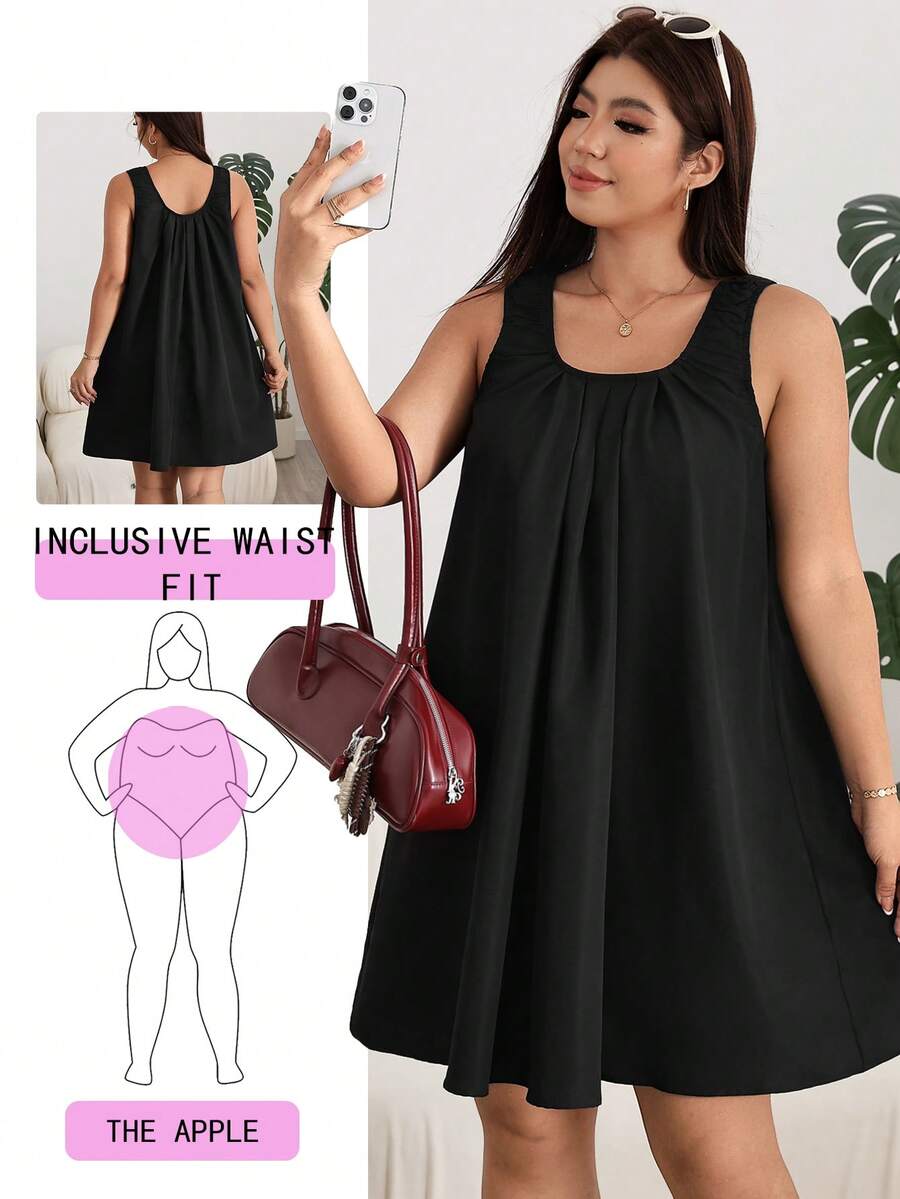 Solflare Plus Size Women's Solid Color Pleated Casual Vacation Sleeveless Dress Formal Vacation Black Summer - Black - View 1