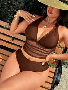 Swim Lushoire 2026 Spring/Summer New Solid Color Mesh Patchwork 2-Piece Swimsuit With Detachable Chest Pads, Halter Neck Bow Tie Straps, Sexy Deep V-Neck, Underbust Mesh Flattering Design, Side Drawstring, Low-Waist Triangle Bottoms, Casual Fashion Vacation Style Beach Swimwear - Brown - View 1