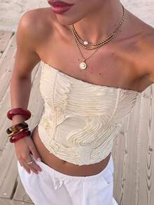 Opulessa Spring/Summer Vacation Solid Color Woven Bandeau Top For Women - Apricot - View 9
