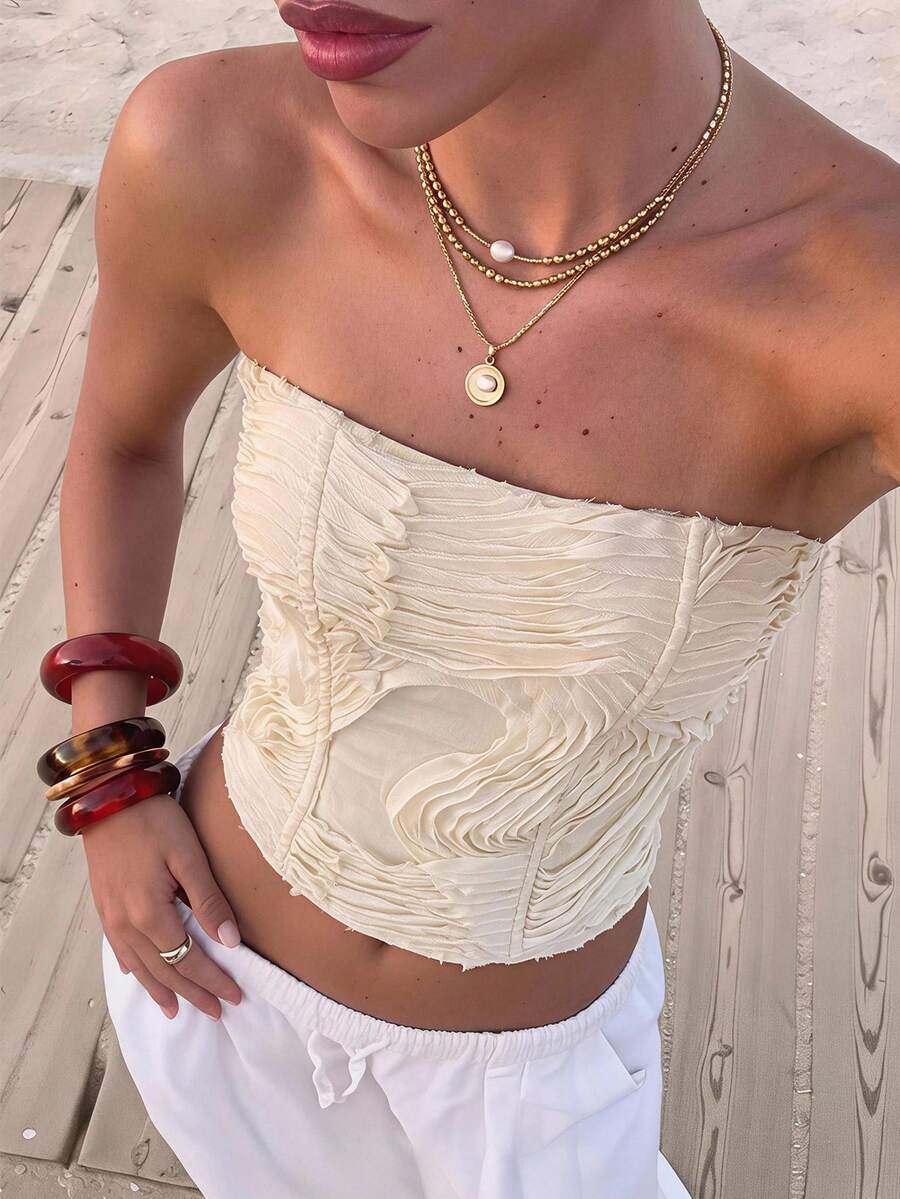 Opulessa Spring/Summer Vacation Solid Color Woven Bandeau Top For Women - Apricot - View 1