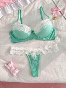 PetitDoll 女款內衣套裝，粉色布料與白色蕾絲飾邊拼接 + 鋼圈 + 蝴蝶結，度假、派對，甜美小洋娃娃風格 - 薄荷綠 - 查看 1