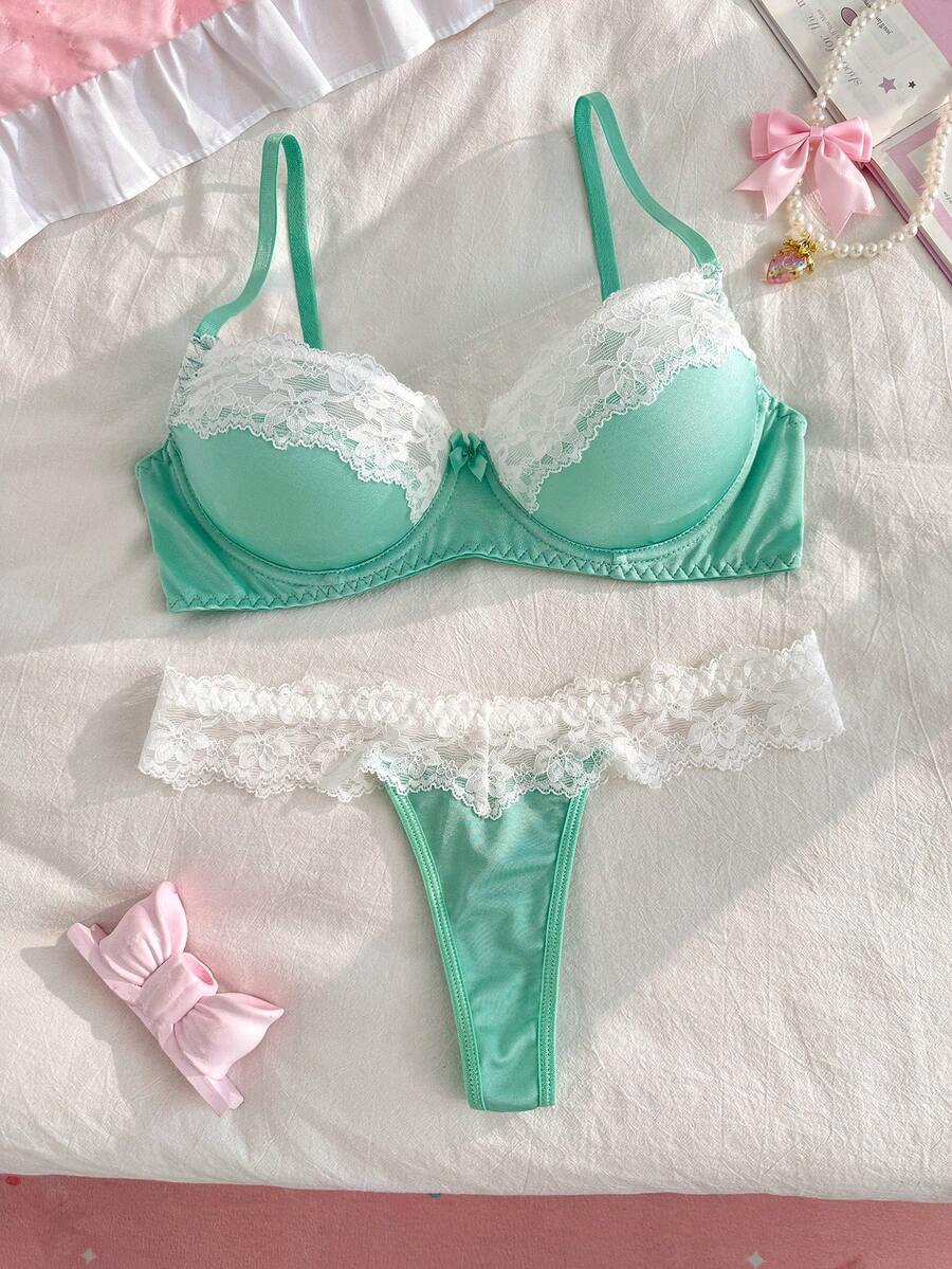 PetitDoll 女款內衣套裝,粉色布料與白色蕾絲飾邊拼接 + 鋼圈 + 蝴蝶結,度假、派對,甜美小洋娃娃風格 - 薄荷綠 - 查看 1