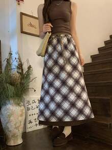 DAZY Women's Plaid Drawstring Waist Casual Versatile Daily Outing Skirt Fall - Coffee Brown - View 8