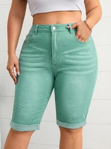 Firerie Plus Size Solid Color Zipper Fly Denim Shorts Suitable For Daily Wear - Mint Green - View 3