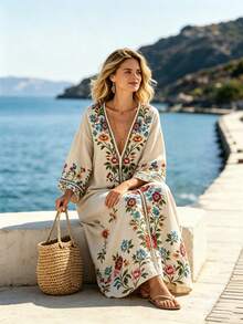 Ceyna Plus Size Deep V-Neck Symmetrical Placement Print Long Loose Dropped Shoulder Dress - Apricot - View 6