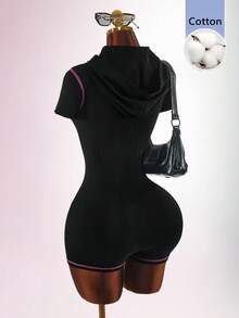 Amplova Rompi Mini Wanita Katun Murni dengan Resleting Depan dan Huruf Inggris, Pas Badan, Model Jumpsuit - Biru - View 9