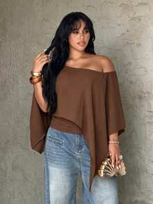Rustia Plus Size Women's Solid Color Spring/Summer Asymmetric Shoulder Cape Style T-Shirt - Coffee Brown - View 6