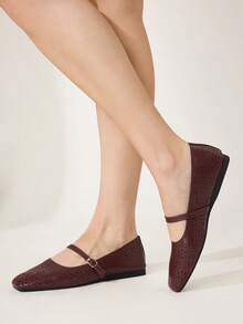 CUCCOO CHICEST French Retro Hollow Square Toe Mary Jane Shoes, Buckle With Breathable Flat-Soled Shoes, Style Commuter Women's Shoes - caramel color - View 7