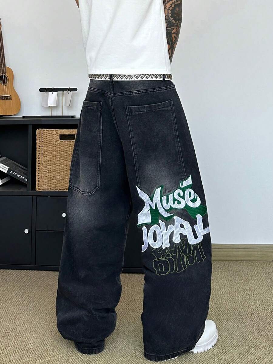 STEELVANCE Streetwear Retro Fashion Serbaguna Distressed Washed Saku Belakang Desain Bordir Longgar Potongan Lurus Potongan Lebar Celana Jeans Denim Kasual - Hitam - View 1