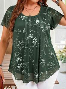 EMERY ROSE Plus Size Women's Summer Elegant Dark Green Floral Print Tunic Blouse,Short Sleeve Casual Top For Wedding Guest,Holiday,Vacation & Everyday Wear - Green - View 5