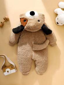 SHEIN Baju Terusan Bayi Baru Lahir Lucu Berbahan Plush Desain Anak Anjing 3D, Lengan Panjang Berkerudung dan Celana Panjang dengan Penutup Kaki - Coklat - View 6