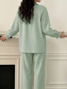 DAZY Sweet Fresh Light Blue All Cotton Ruched Lace Design Loose 2-Piece Women's Pajama Set - Green - View 2