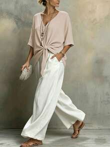 Weeklong Plus Size Casual Vacation Loose Hem V-Neck Short Shirt Beach Apricot Summer - Khaki - View 8