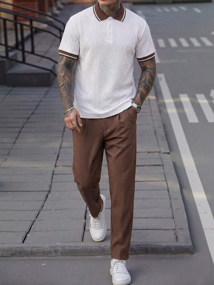 Manfinity CasualCool 男士撞色短袖 Polo 衫與長褲休閒通勤套裝 - 彩色 - 查看 1