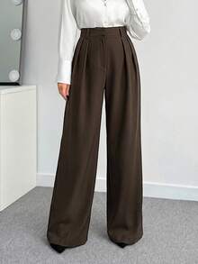 SHEIN Tall CURVE 大码女式纯色褶皱休闲百搭阔腿裤，适合日常穿着 - 咖啡棕 - 查看 8