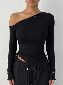 DAZY Women's Solid Color Asymmetrical Shoulder Ruched Slim Fit T-Shirt Long Sleeve Women Tops - Black - View 11