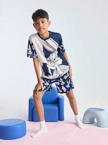 LOONEY TUNES X SHEIN 青少年男孩卡通兔子印花休闲短袖 T 恤和短裤舒适睡衣套装 - 彩色 - 查看 5