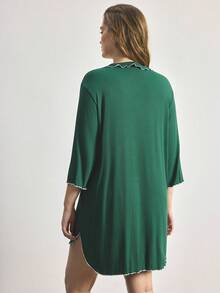 Ocili Ribbed Comfortable Wood Frill Trim Turndown Collar Shell Button Plus Size Nightgown - Dark Green - View 3