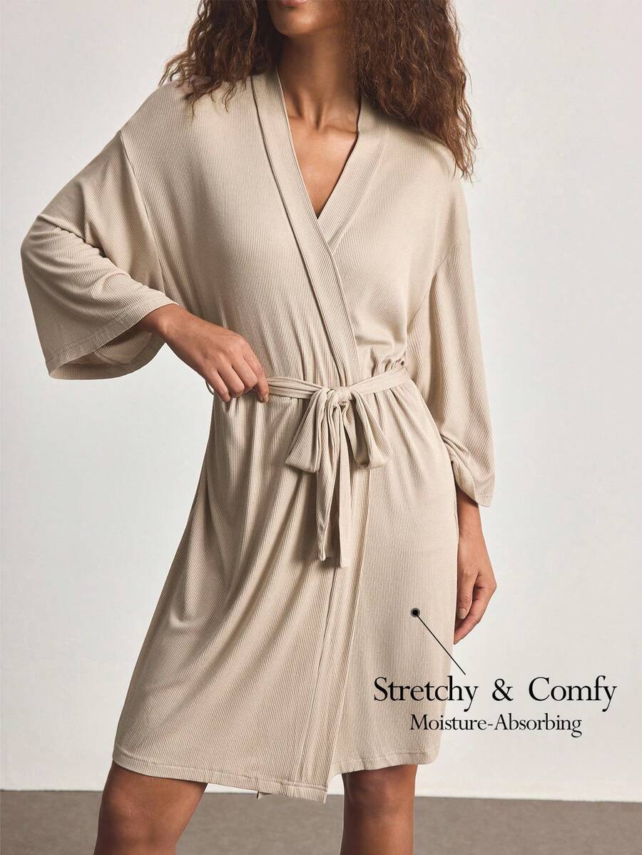 Ocili Comfortable Ribbed Soft & Smooth Cotton Robe, Women Sleepwear Loungewear - Khaki - View 1
